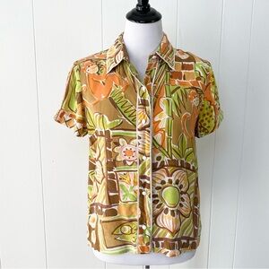 VTG Bob Mackie Wearable Art 100% Silk Blouse Tropical Monkey Cat Fish Sz XS